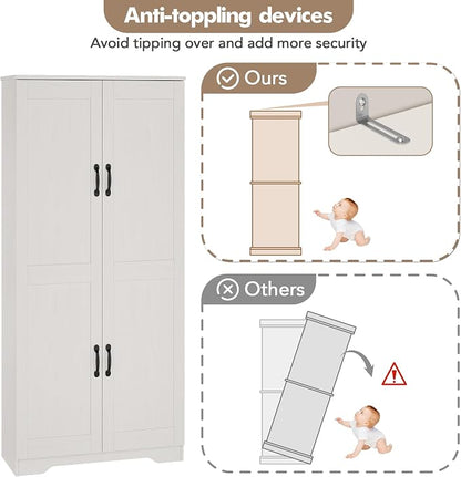 Garvee Kitchen Pantry Cabinet, Freestanding White Pantry Storage Cabinet, 60 in Cupboard, Tall Bathroom Storage Cabinet with 2 Doors and Adjustable Shelves, for Dining Room, Living Room, White