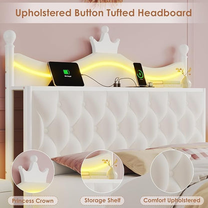 Keyluv Queen Size Upholstered LED Canopy Bed Frame with Charging Station and Drawer, Button Tufted Crown Headboard with Storage Shelf, Two-Purpose Removable Four Poster Design Platform Bed, Beige