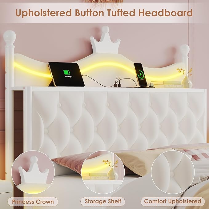 Keyluv Full Size Upholstered LED Canopy Bed Frame with Charging Station and Drawer, Button Tufted Crown Headboard with Storage Shelf, Two-Purpose Removable Four Poster Design Platform Bed, Beige
