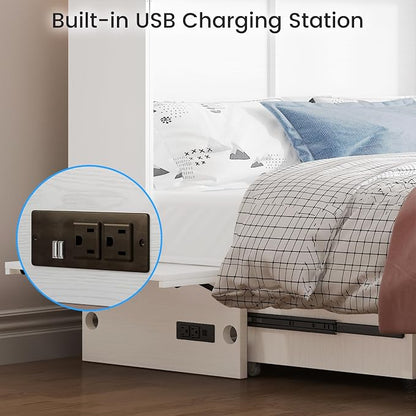 PUREMIND Queen Murphy Bed with Mattress Included, Solid Wood Cabinet Bed with Storage Drawer, USB Charging Ports and Folding Tray, Space Saving Hideaway Murphy Beds Cabinet for Guest Room