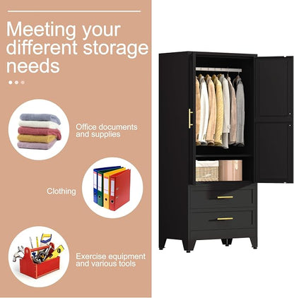 PAOFIN Black 71" Metal Armoire Wardrobe Closet, Bedroom Clothing Storage Cabinet with 2 Drawers and Hanging Rod, Freestanding Armoire Cabinet with Adjustable Shelves
