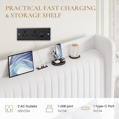 SHA CERLIN Queen Size Velvet Bed Frame with USB Charging Station, Wingback Storage Headboard, Upholstered Platform Bed with Wooden Slats Support, No Box Spring Needed, Easy Assembly, White