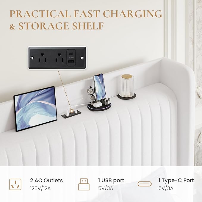 SHA CERLIN King Size Velvet Bed Frame with USB Charging Station, Wingback Storage Headboard, Upholstered Platform Bed with Wooden Slats Support, No Box Spring Needed, Easy Assembly, White