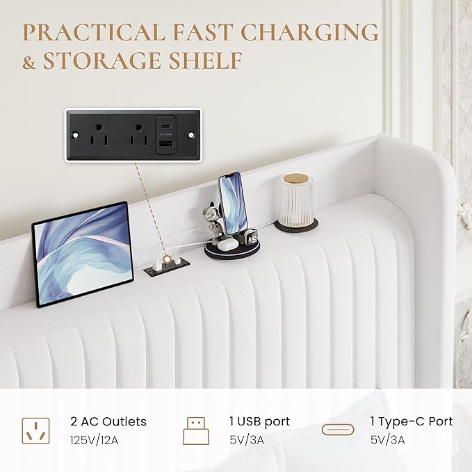 SHA CERLIN Full Size Velvet Bed Frame with USB Charging Station, Wingback Storage Headboard, Upholstered Platform Bed with Wooden Slats Support, No Box Spring Needed, Easy Assembly, White