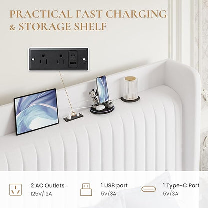 SHA CERLIN Full Size Velvet Bed Frame with USB Charging Station, Wingback Storage Headboard, Upholstered Platform Bed with Wooden Slats Support, No Box Spring Needed, Easy Assembly, White