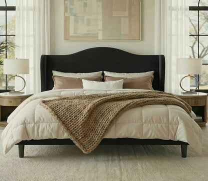Allewie King Size Bed Frame, Upholstered Wingback Platform with 47" Tall Tufted Headboard, Plush Velvet Fabric, Modern Minimalist Design, No Box Spring Required, Tool-Free Assembly, Black