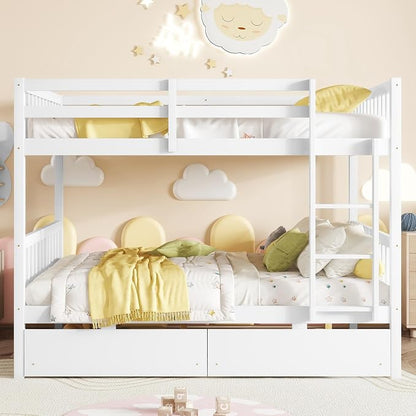 Ball & Cast Full Over Full Wood Bunk Bed for Kids,Convertible Storage Bunk Bed with Two Storage Drawers and Ladder,Can Be Divided Into Two Full Size Daybeds,No Box Spring Required,White