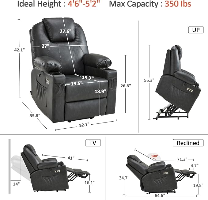 MCombo Power Lift Recliner Chair for Elderly, Lift Chair with Heat and Massage, FSC Certified, USB Ports, Cup Holders, Faux Leather 7141 (Grey, Small)