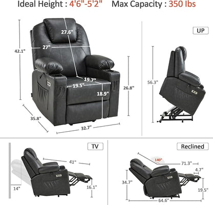 MCombo Power Lift Recliner Chair for Elderly, Lift Chair with Heat and Massage, FSC Certified, USB Ports, Cup Holders, Faux Leather 7141 (Grey, Small)