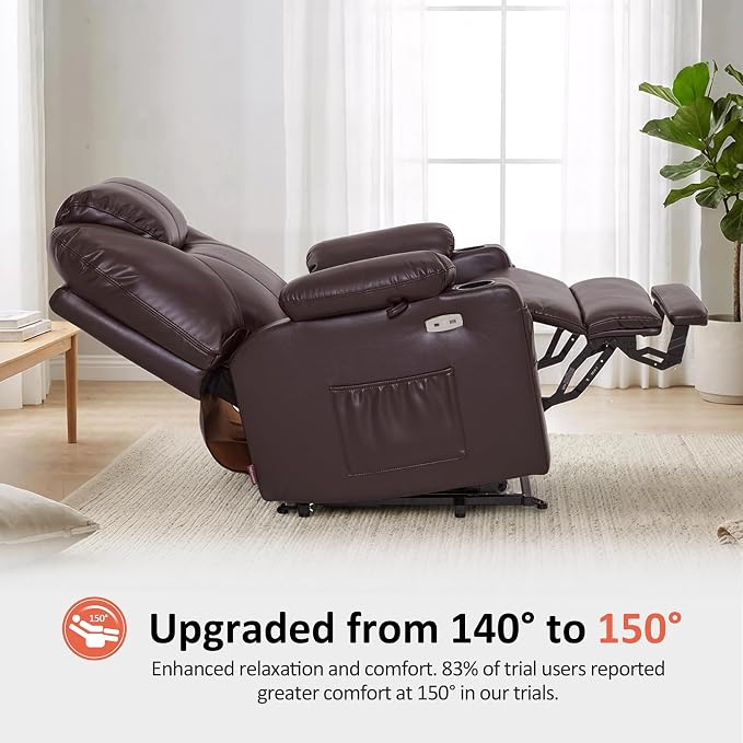 MCombo Oversized Power Lift Recliner Chair for Elderly, Lift Chair with Heat and Massage for Big and Tall, USB&Type C Ports, Cup Holders, Faux Leather R7510 (Dark Brown, Large-Wide)
