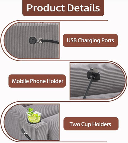 HAOMARKETS 3-in-1 Convertible Loveseat Sleeper Sofa Bed, 2-Seat Pull Out Couch with Cup Holders, Phone Holder and USB Ports, Corduroy 3-Level Adjustable Backrest Couches for Living Room, Grey