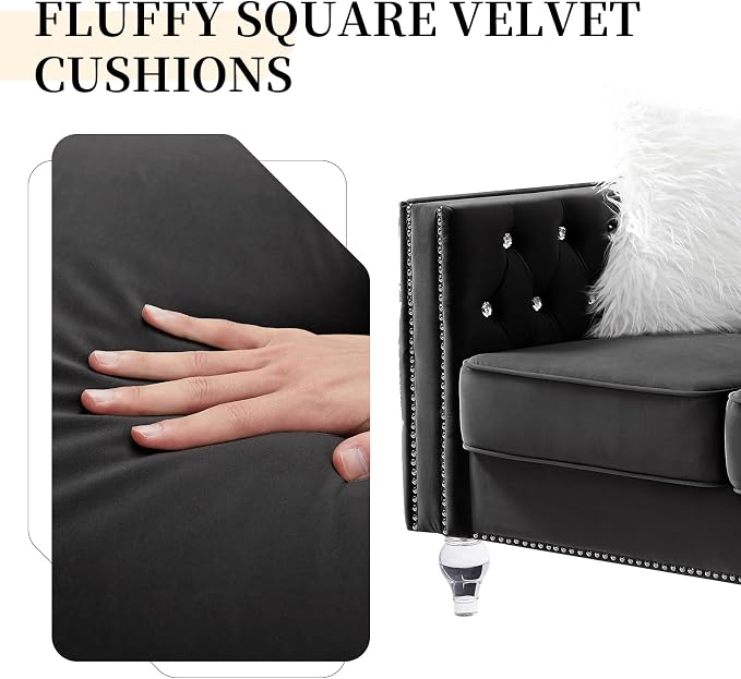 83" Chesterfield Sofa, Velvet Mid-Century Modern Upholstered Couch with 2 Throw Pillows and Acrylic Legs, Nailhead Button Tufted Vintage Sofa for Living Room, Apartment, Office, Black
