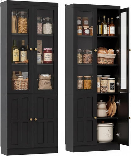 Cyclysio 80" Kitchen Pantry Cabinet with Glass Doors and Adjustable Shelves, Kitchen Cabinet with Thickened Top Panel, Tall Cabinet for Livingroom, Pantry, Bathroom, Black, Set of 2