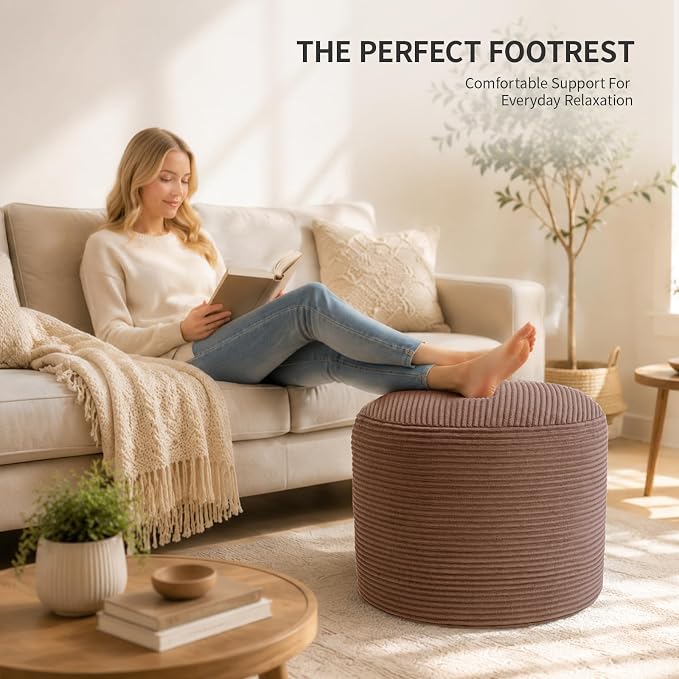 Stuffed Pouf Ottoman Foot Rest with 2.8-inch Solid Foam Base | Odorless Filling Resists Clumping, Washable Corduroy Cover, Round Foot Stool for Living Room Couch Lounging and Home Decor