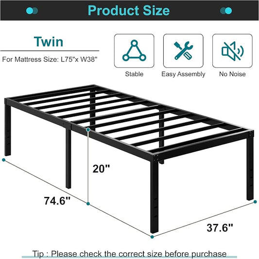 Maenizi Twin Bed Frames No Box Spring Needed, 20 Inch Heavy Duty Metal Bed Frame Twin Support Up to 2500 lbs, Easy Assembly, Noise Free, Black
