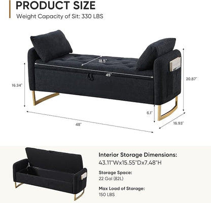 48" End of Bed Bench, Modern Storage Benches with Button-Tufted, Chenille Upholstered Storage Ottoman Bench for Foot of Bed with Arms, Gold Legs Window and Entryway, Black