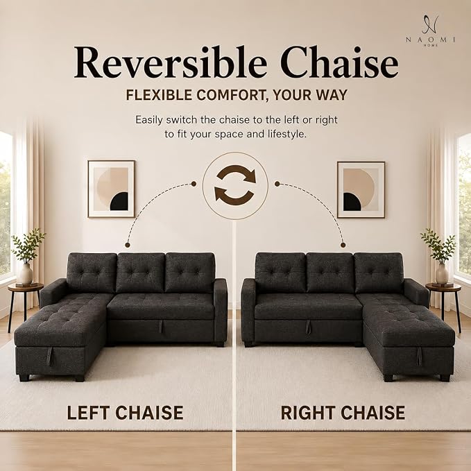 Naomi Home 84" L-Shaped Sectional Sleeper Sofa with Pull Out Bed | Sleeps guests comfortably, stores essentials in chaise & saves space, Velvet, Espresso convertible sofa bed