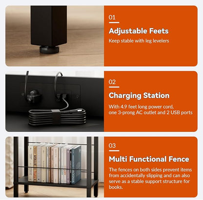 DGSANDGO Black Narrow Side Table - Nightstand with Charging Station (2 USB + 1 AC Outlet), 3-Tier End Table for Nordic Style/Bedroom/Living Room (Black)