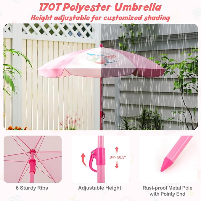 HONEY JOY Kids Picnic Table, Animal Themed Toddler Outdoor Table and Chair Set, 2 Folding Chairs & Removable Umbrella, Children Outdoor Furniture for Backyard Patio Garden (Pink Mermaid)