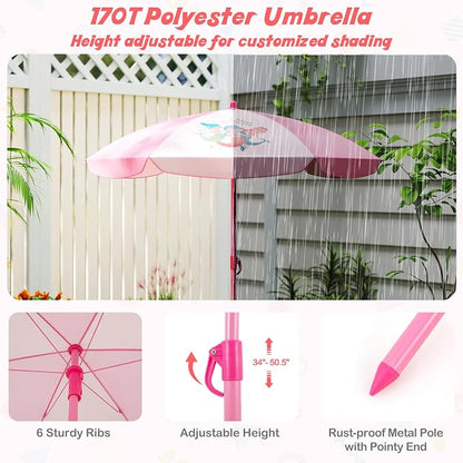HONEY JOY Kids Picnic Table, Animal Themed Toddler Outdoor Table and Chair Set, 2 Folding Chairs & Removable Umbrella, Children Outdoor Furniture for Backyard Patio Garden (Pink Mermaid)