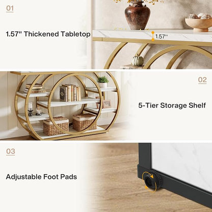 Tribesigns 47" Industrial Entryway Table with Staggered 5-Tier Shelf | Narrow Console Table with Metal Frame, Sofa Table for Living Room Entryway, Hallway, Foyer, White & Gold