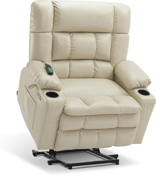 MCombo Small Dual Motor Power Lift Recliner Chair for Elderly, Zero Gravity Lift Chair with Heat and Massage, Lay Flat Recliner for Petite, USB Ports, Faux Leather R7894 (Cream White, Small-Wide)