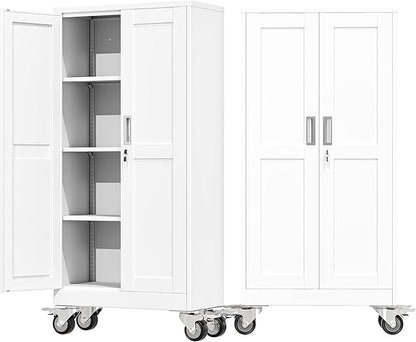 61" Metal Garage Storage Cabinet with Wheels and Locking Doors and Tall Rolling Steel Tool Cabinet with 3 Adjustable Shelves for Garage,Home,Office,Shop (White, 61''H x 28''W x14''D)