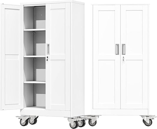 61" Metal Garage Storage Cabinet with Wheels and Locking Doors and Tall Rolling Steel Tool Cabinet with 3 Adjustable Shelves for Garage,Home,Office,Shop (White, 61''H x 28''W x14''D)