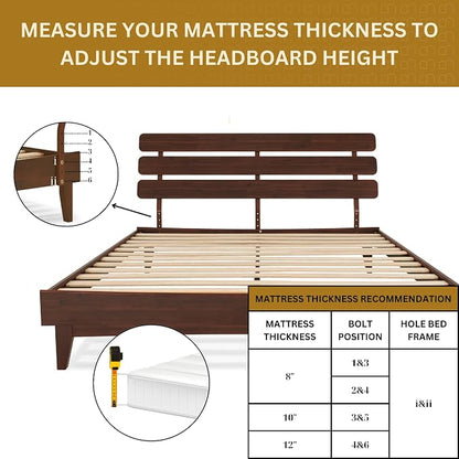 Bme Caden King Size Bed Frame and Adjustable Headboard, 15 Inch Mid Century Retro Style - Solid Acacia Wood - No Box Spring Needed - 12 Strong Wood Slat Support - Easy Assembly - Walnut