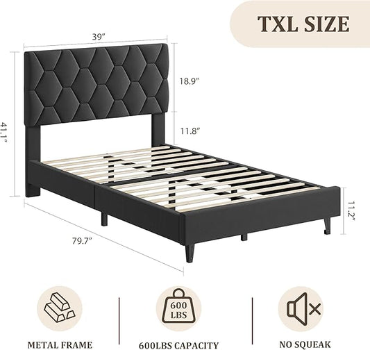 GAOMON Grey Twin XL Bed Frame with Upholstered Headboard, Heavy-Duty Platform Bed Frame with Strong Wood Slats, No Box Spring Needed/Noise Free/Easy Assembly