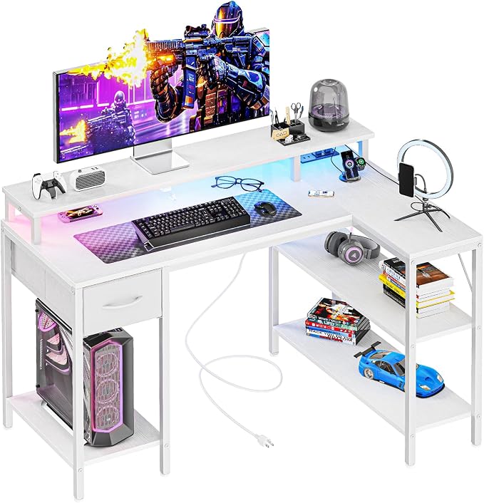 DUMOS 47” Gaming Desk with USB Charging Ports & LED Lights for Home Office Small Space, Reversible L Shaped Desks Computer Corner Gamer Table with Power Outlets Monitor Stand Storage Shelves, White