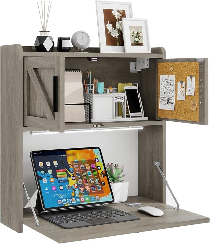ARTETHYS Wall Mounted Desk Folding with Light Drop Down Hanging Desk,Gray | 3 Color Adjustable Light, Fold Down Computer Desk, Writing Workstation with Storage Compartment, Space Saving for Home Office