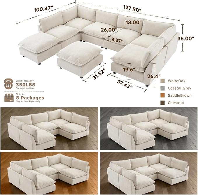 Iroomy Modular Sectional Sofa, Oversized Chenille Cloud Couch, Deep Comfy Seat, 8-Seater Sofas Couches for Living Room, Beige, High Feet