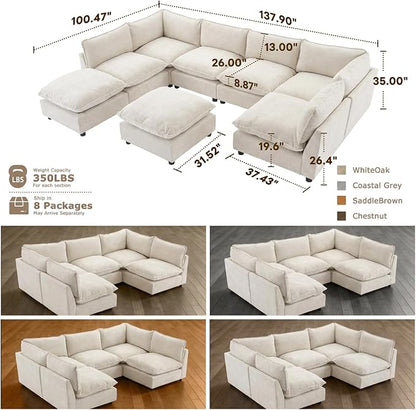 Iroomy Modular Sectional Sofa, Oversized Chenille Cloud Couch, Deep Comfy Seat, 8-Seater Sofas Couches for Living Room, Beige, High Feet
