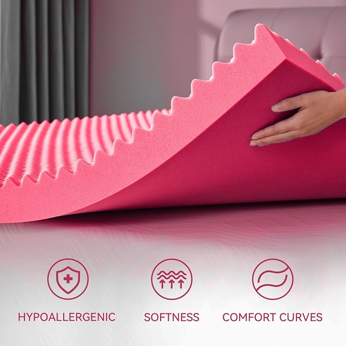 SINWEEK 2 Inch Egg Crate Memory Foam Mattress Topper Twin Size, Soft Mattress Pad for Back Pain Relief, Bed Topper, CertiPUR-US Certified, Pink