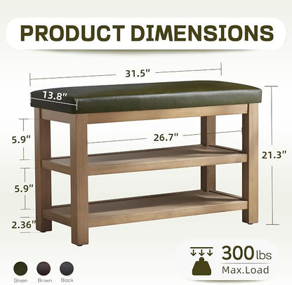 Zihanhome Shoe Rack Bench with Leather Cushion, 2 Tier Solid Wood Storage Bench, Mid-Century Modern Shoe Bench for Entryway, Hallway, Closet, Front Door Entrance, Foyer (Green, 31.5)