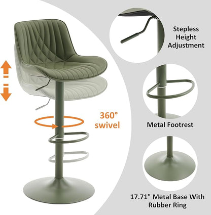 YOUTASTE Bar Stools Set of 2, Adjustable Swivel Counter Height Barstools with Back, All Olive Green Faux Leather Upholstered Bar Chairs with Metal Base, Stools for Kitchen Island or Home Bar