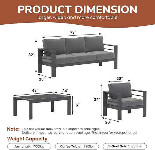 Solaste 5-Seaters Aluminum Outdoor Patio Furniture Set, Patio Sectional with 5" Thick Cushion, Outdoor Furniture with Coffee Table, Patio Sofa for Porch, Backyard, Deck, Yard, Dark Grey