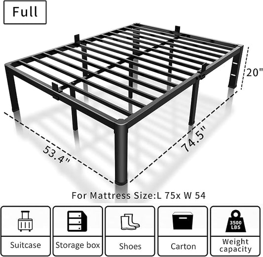 ROIL 20 Inch Full Size Bed Frame with Rounded Corner and Headboard Hole Mattress Retainers 3500LBS Metal Heavy Duty Steel Slats No Box Spring Needed Platform Noise-Free Easy Assembly