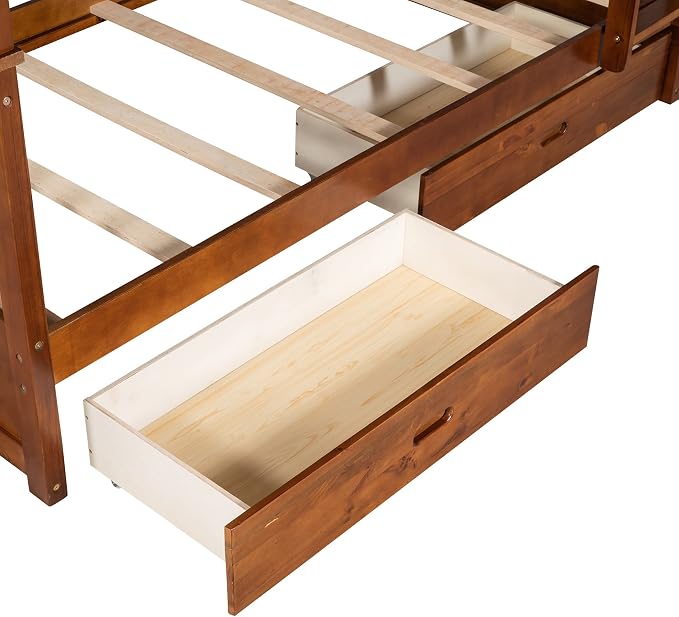 Merax Twin-Over-Twin Bunk Bed with Two Storage Drawers, Solid Wood Twin Size Bunk Bed with Guardrial and Removble Ladder, Can be Converted Into 2 Separate Beds, Walnut