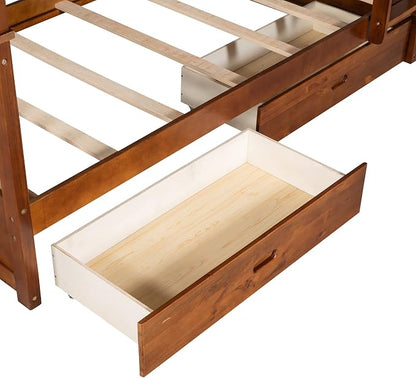 Merax Twin-Over-Twin Bunk Bed with Two Storage Drawers, Solid Wood Twin Size Bunk Bed with Guardrial and Removble Ladder, Can be Converted Into 2 Separate Beds, Walnut