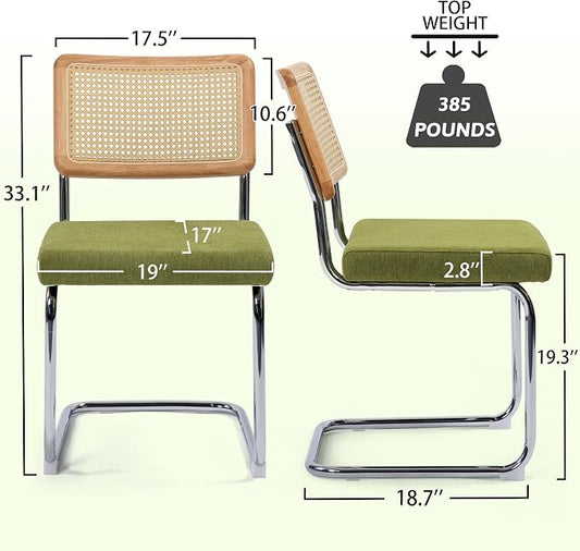 KROFEM Dining Chairs Set of 2,Modern Rattan Kitchen Chairs,Green | Mid Century Modern Design,Polished Chrome Frame,Upholstered Seat