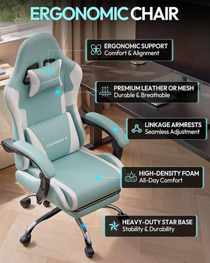Dowinx Ergonomic Gaming Chair with Footrest & Massage Lumbar, 2D-Linkage Armrests for Computer Chair 330lbs with Headrest Pillow for Office, Home, Streaming and Long Gaming Sessions, Fabric Blue White