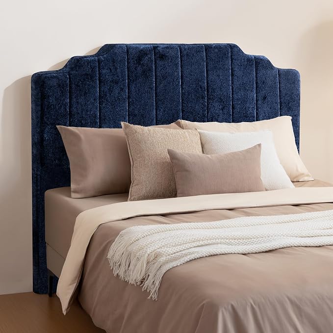 King Headboard Only - Blue Velvet Upholstered Headboard for Bed, No Assembly Required, Pure Sponge Design, Comfort Head Board, Place Between Bed & Wall, Vertical Stripe with Stepped Crown Top Edge