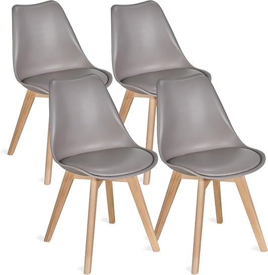VECELO Dining Chairs Set of 4, Mid-Century Modern Kitchen & Dining Room Chairs, PU Leather Upholstered Seat, Solid Wood Legs, Armless, Non-Slip Feet, Grey