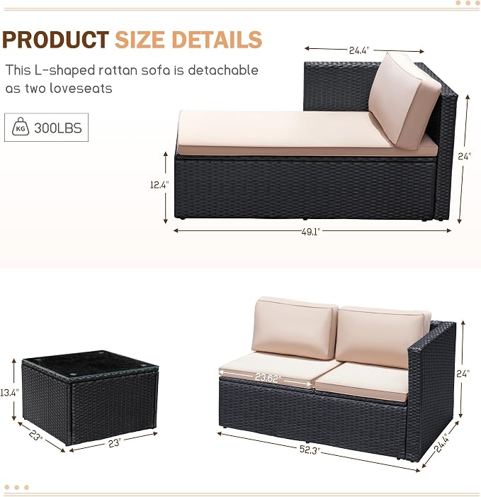 Greesum 3 Piece Patio Furniture Set Outdoor Wicker Rattan Sectional Sofa with Adjustable Seat, Soft Cushions & Coffee Table for Yard, Garden, Porch, Poolside, Beige