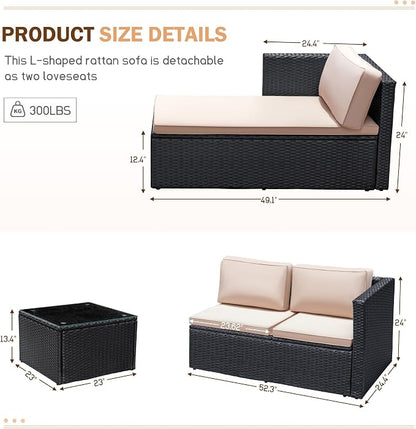Greesum 3 Piece Patio Furniture Set Outdoor Wicker Rattan Sectional Sofa with Adjustable Seat, Soft Cushions & Coffee Table for Yard, Garden, Porch, Poolside, Beige