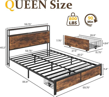 Lifezone Queen Bed Frame with 2-Tier Storage Headboard, Metal Bed Frame with Storage Drawers & Built-in Charging Station & LED, Noise-Free, No Box Spring Needed, Easy Assembly, Rustic Brown