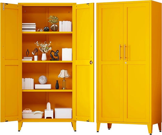 61" Tall Farmhouse Metal Storage Cabinet, Kitchen Pantry Storage Cabinets with 2 Barn Door and 3 Adjustable Shelves, for Home, Office, Kitchen, Laundry Room, Kids Room, Entryway, Yellow