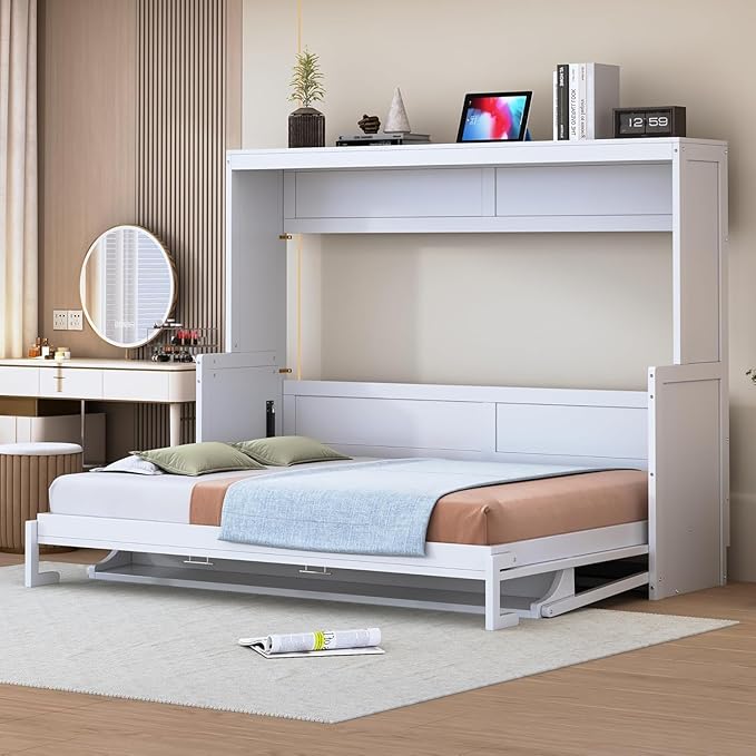 Virubi Full Horizontal Murphy Bed with Desk,Solid Wood Folding Hideaway Murphy Wall Bed for Adult,Guest Room (White,Full)